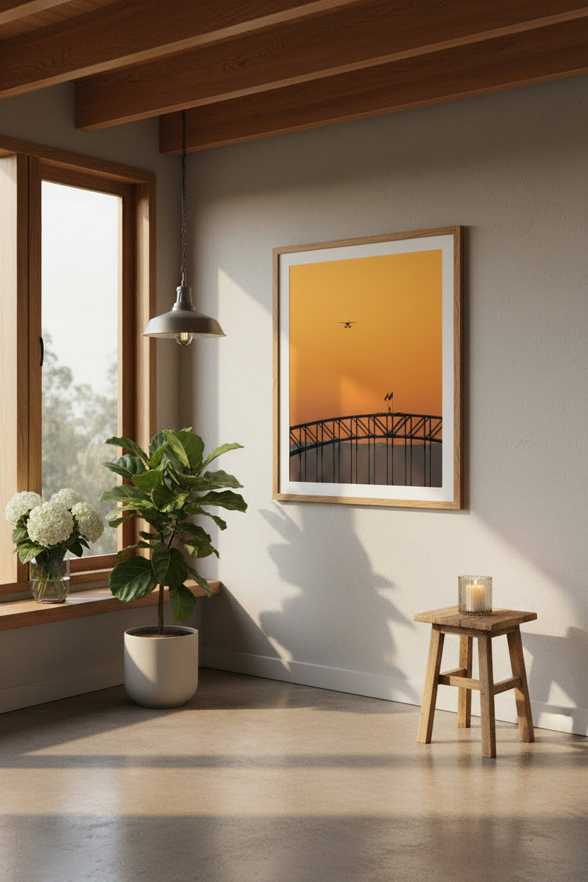 Float plane flying over sydney harbour bridge with an orange sunset sky
