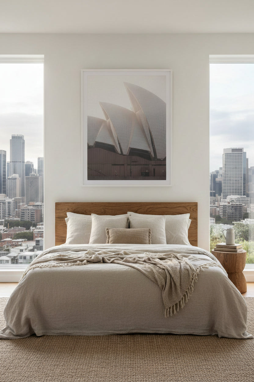 Close-up of the Sydney Opera House in early morning fog.