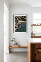 Aerial view of a waterfront properties with docks and boats on Sydney Harbour.