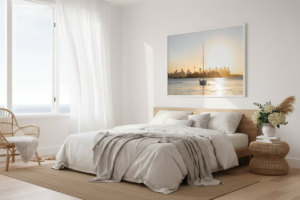 Sailboat on water with Sydney city skyline and Shark Island in the background during sunset