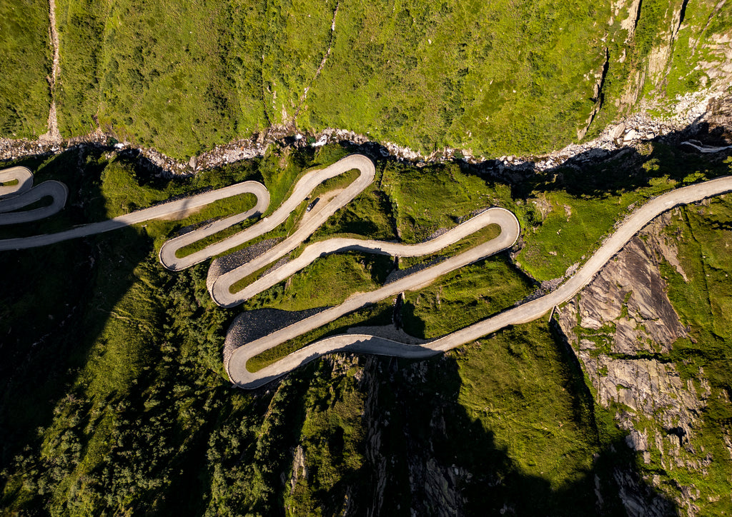 Aerial view of the San Gottardo mountain pass crossing the Swiss Alps - a portal to the South for much of Central Europe
