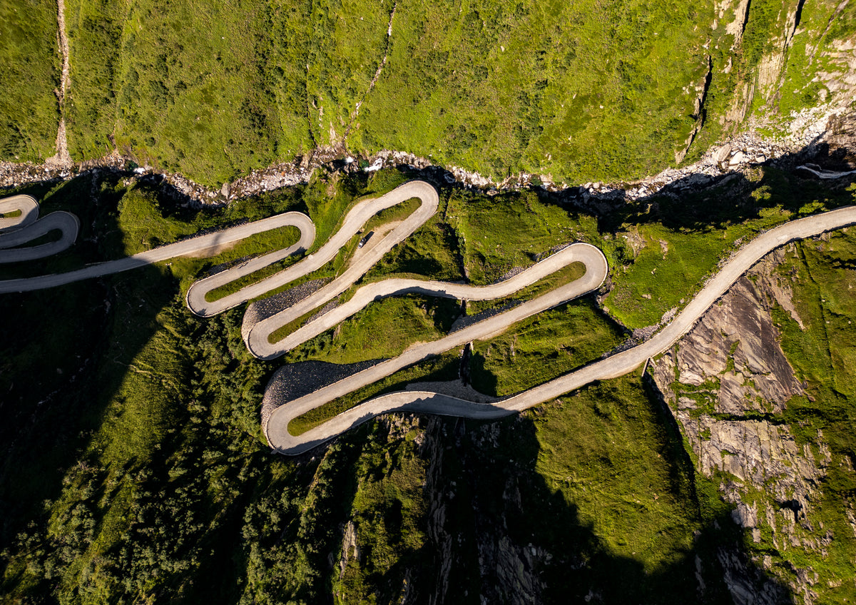 Aerial view of the San Gottardo mountain pass crossing the Swiss Alps - a portal to the South for much of Central Europe