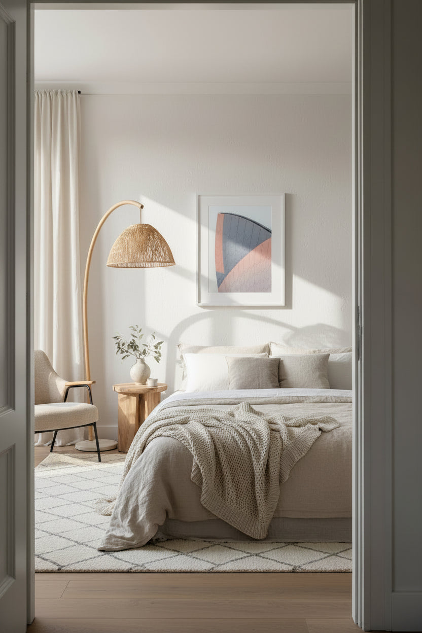 Sydney Opera House lit up pink at sunset against light sky.