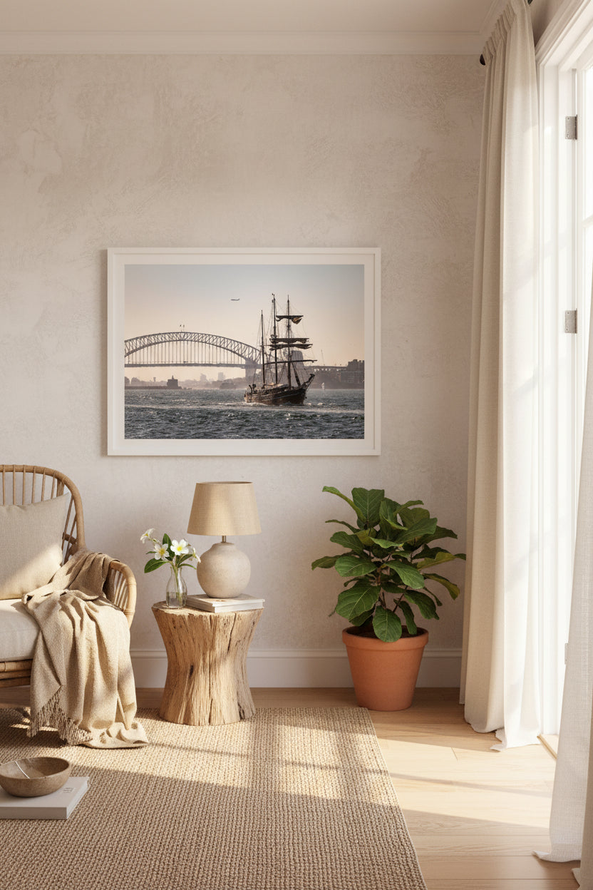Sailing ship in front of the Sydney Harbour Bridge