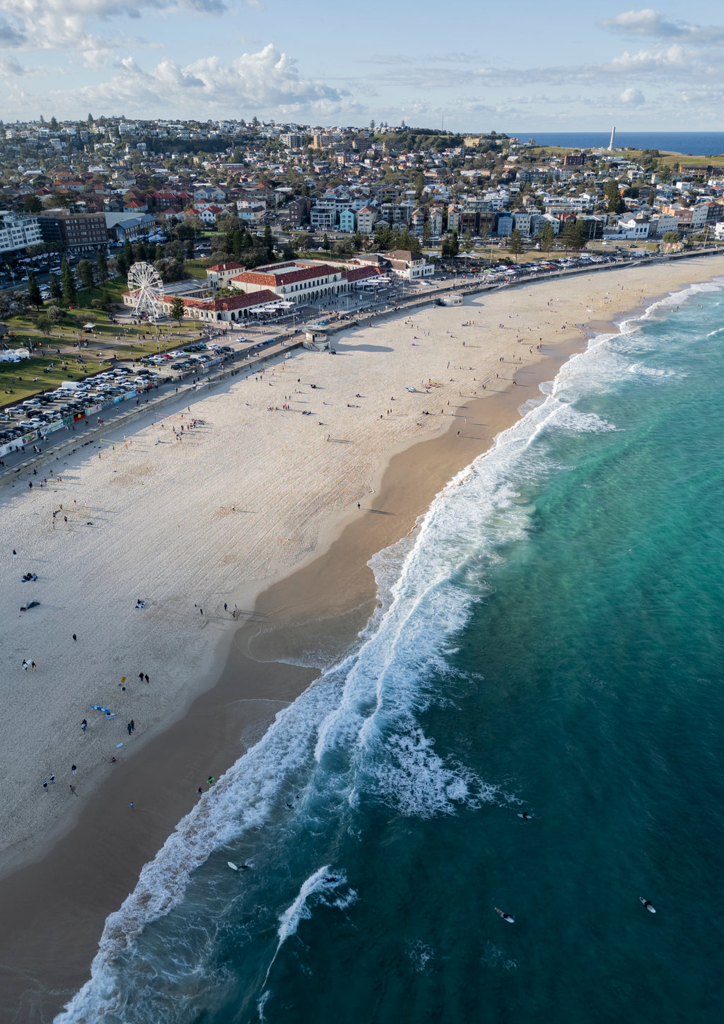 Aerial view of Bondi Beach, Bondi Pavillion and Winter Fest during the winter solstice